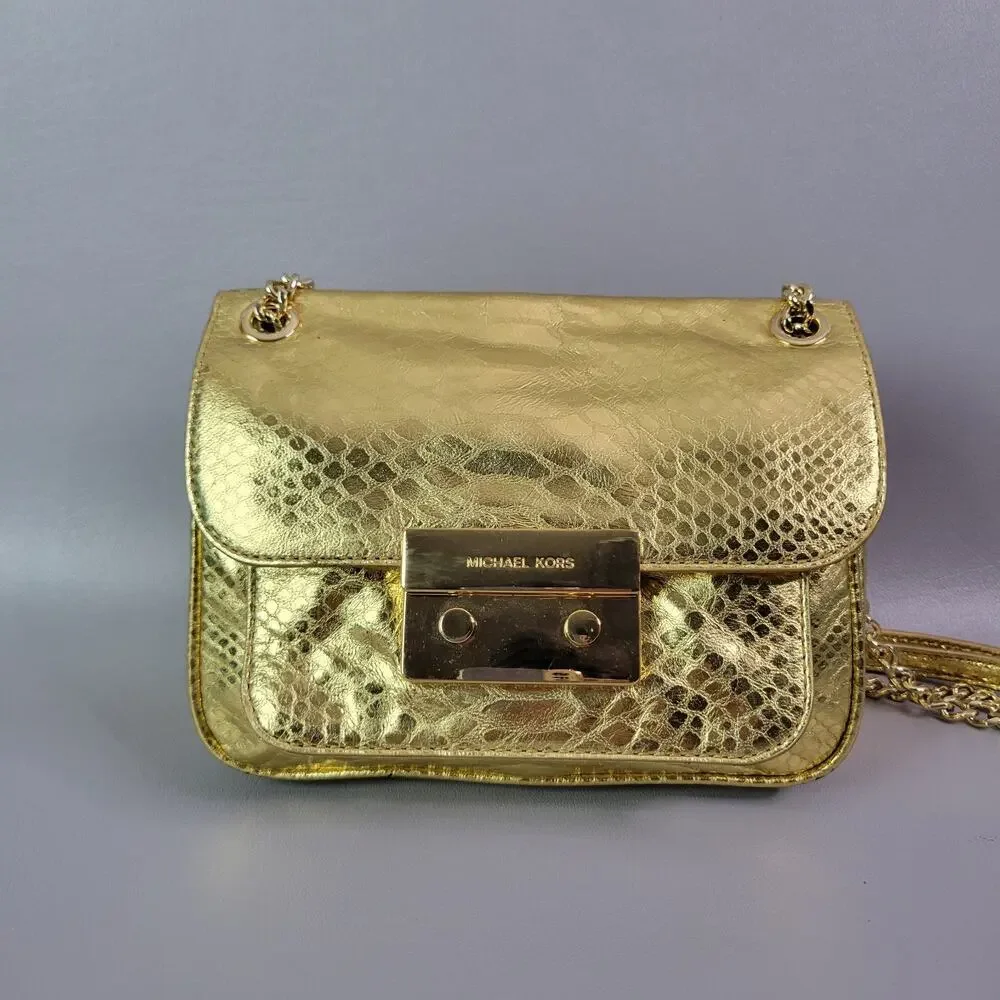 Michael Kors Mini Handbag Gold Snakeskin Embossed Chain Strap - Picture 3 of 15